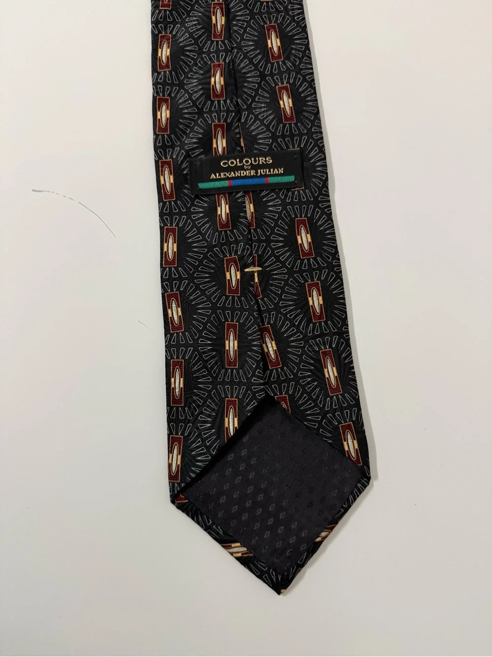 Vintage Colours‎ Alexander Julian Silk Tie Mens Black Geometric Medallion Retro